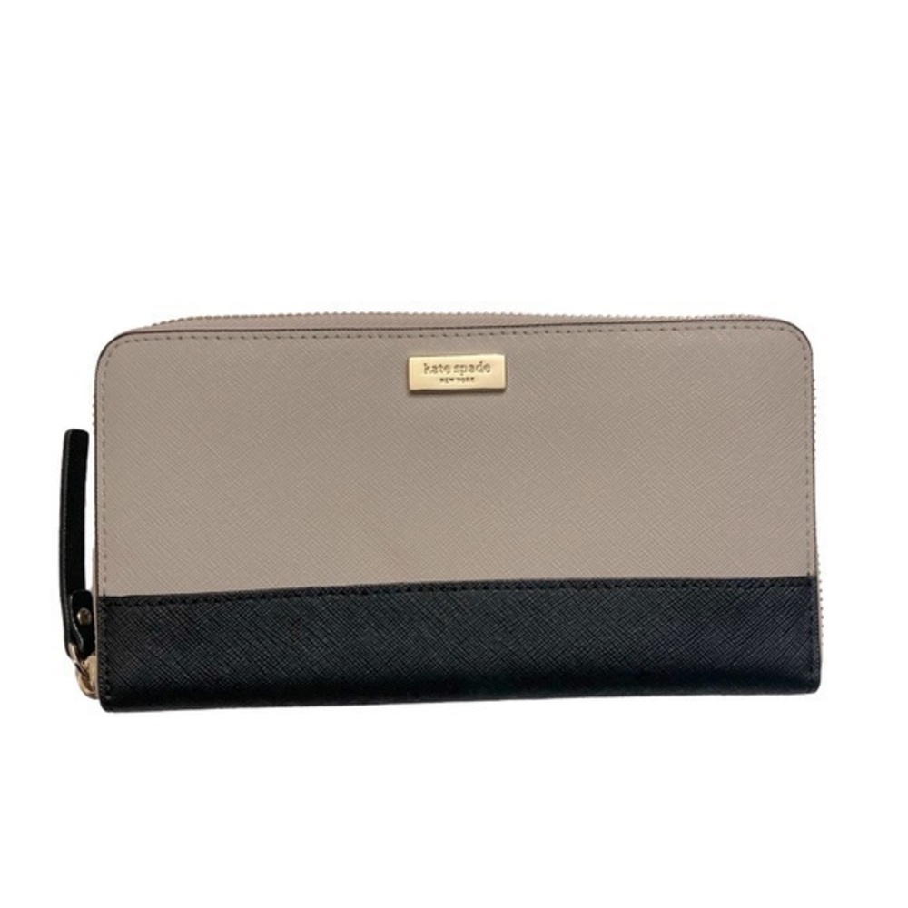 Kate spade gray taupe black zipper zippy accordion clutch leather wallet